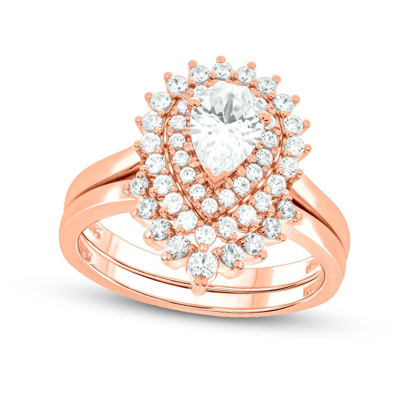 Image of ID 1 10 CT TW Pear-Shaped Natural Diamond Sunburst Contour Bridal Engagement Ring Set in Solid 14K Rose Gold (I/I2)