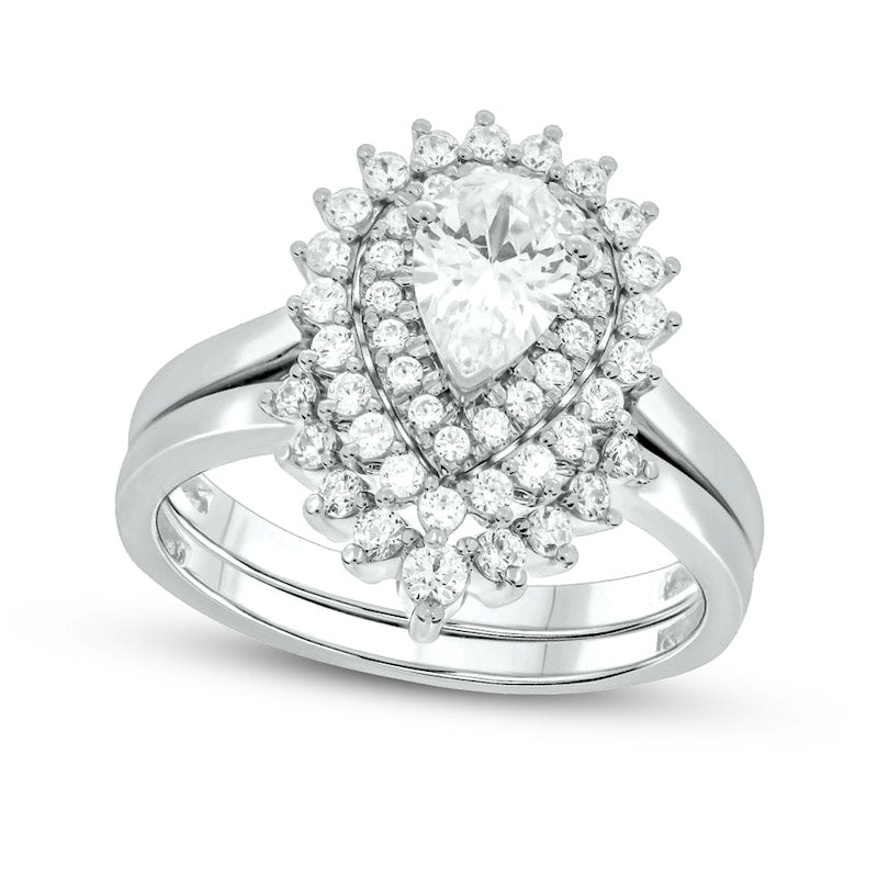 Image of ID 1 10 CT TW Pear-Shaped Natural Diamond Sunburst Contour Bridal Engagement Ring Set in Solid 14K White Gold (I/I2)