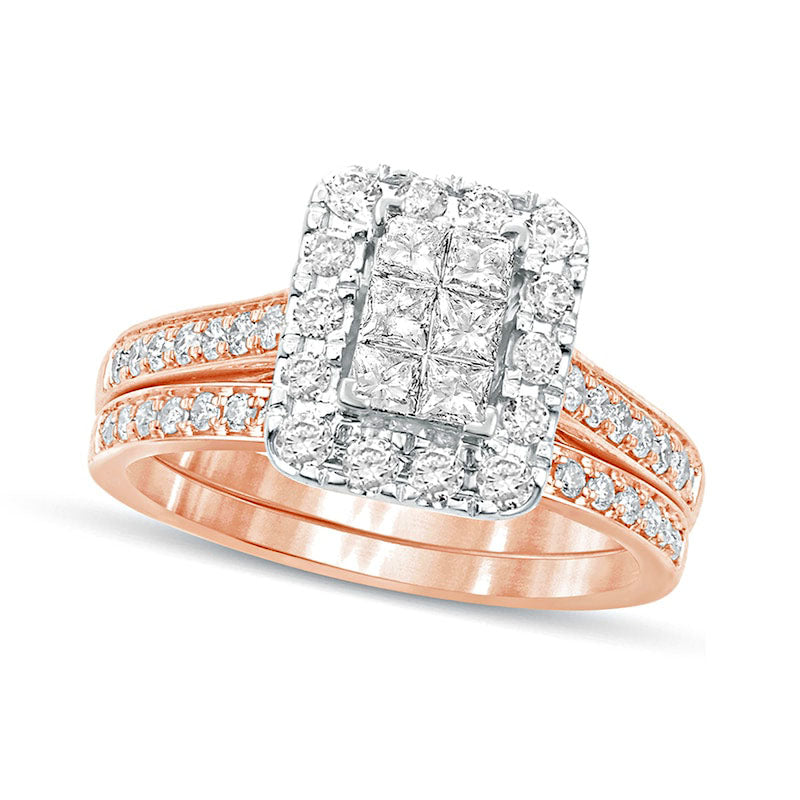 Image of ID 1 10 CT TW Princess-Cut Composite Natural Diamond Rectangle Frame Bridal Engagement Ring Set in Solid 10K Rose Gold