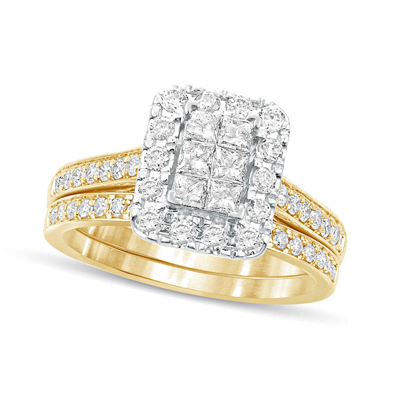 Image of ID 1 10 CT TW Princess-Cut Composite Natural Diamond Rectangle Frame Bridal Engagement Ring Set in Solid 10K Yellow Gold
