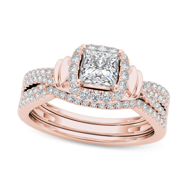 Image of ID 1 10 CT TW Princess-Cut Natural Diamond Frame Multi-Row Three Piece Bridal Engagement Ring Set in Solid 14K Rose Gold
