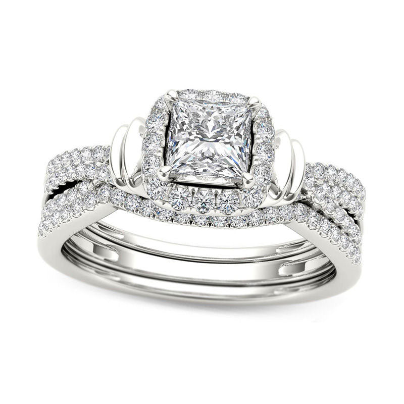Image of ID 1 10 CT TW Princess-Cut Natural Diamond Frame Multi-Row Three Piece Bridal Engagement Ring Set in Solid 14K White Gold