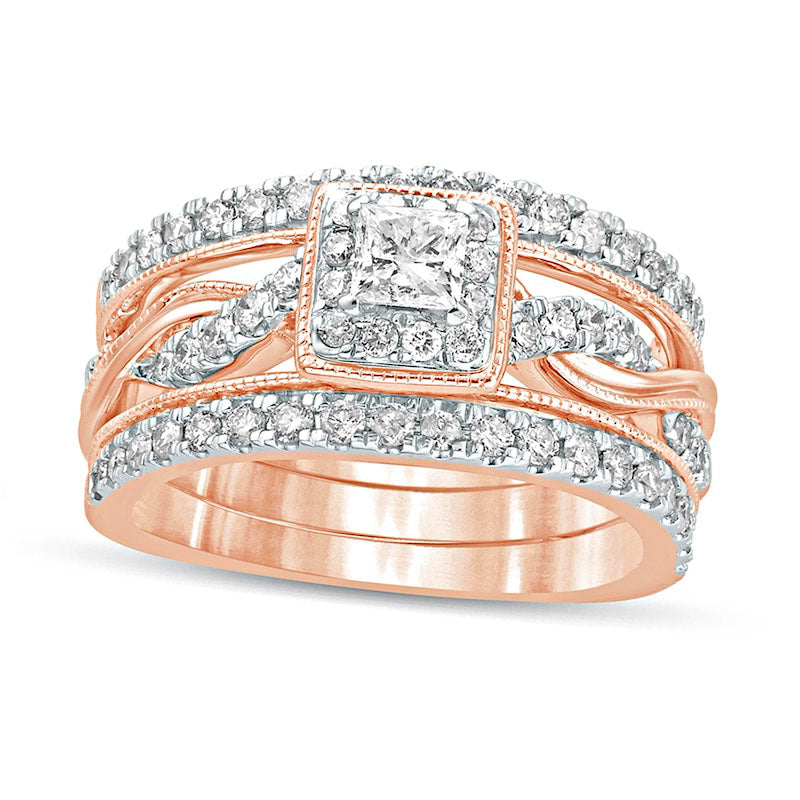Image of ID 1 10 CT TW Princess-Cut Natural Diamond Frame Twist Shank Antique Vintage-Style Bridal Engagement Ring Set in Solid 14K Rose Gold
