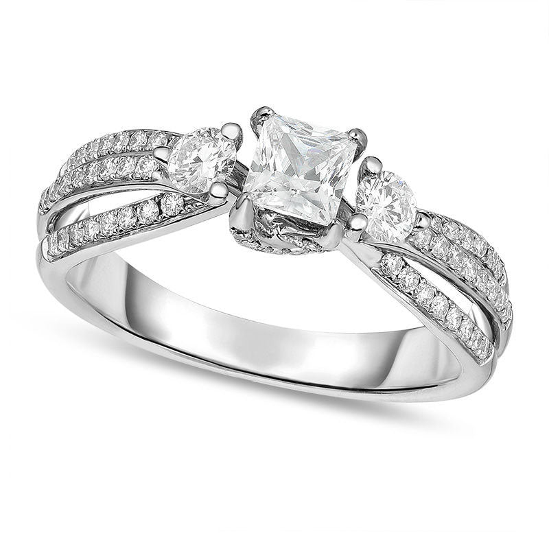 Image of ID 1 10 CT TW Princess-Cut Natural Diamond Three Stone Split Shank Engagement Ring in Solid 14K White Gold