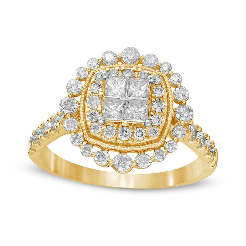 Image of ID 1 10 CT TW Princess-Cut Quad Natural Diamond Cushion Frame Antique Vintage-Style Engagement Ring in Solid 14K Gold