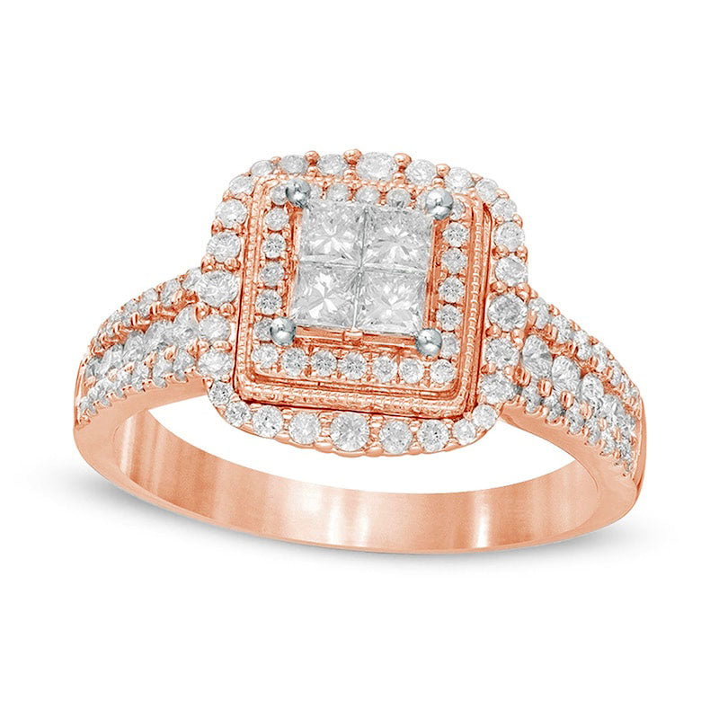 Image of ID 1 10 CT TW Princess-Cut Quad Natural Diamond Square Frame Engagement Ring in Solid 14K Rose Gold