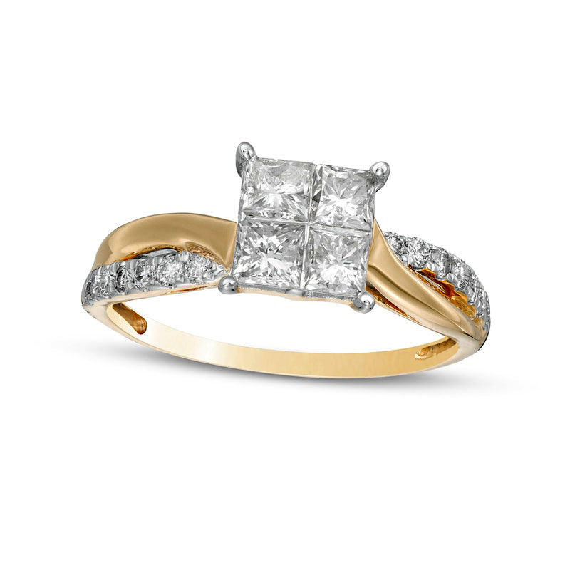 Image of ID 1 10 CT TW Princess-Cut Quad Natural Diamond Twist Shank Engagement Ring in Solid 14K Gold