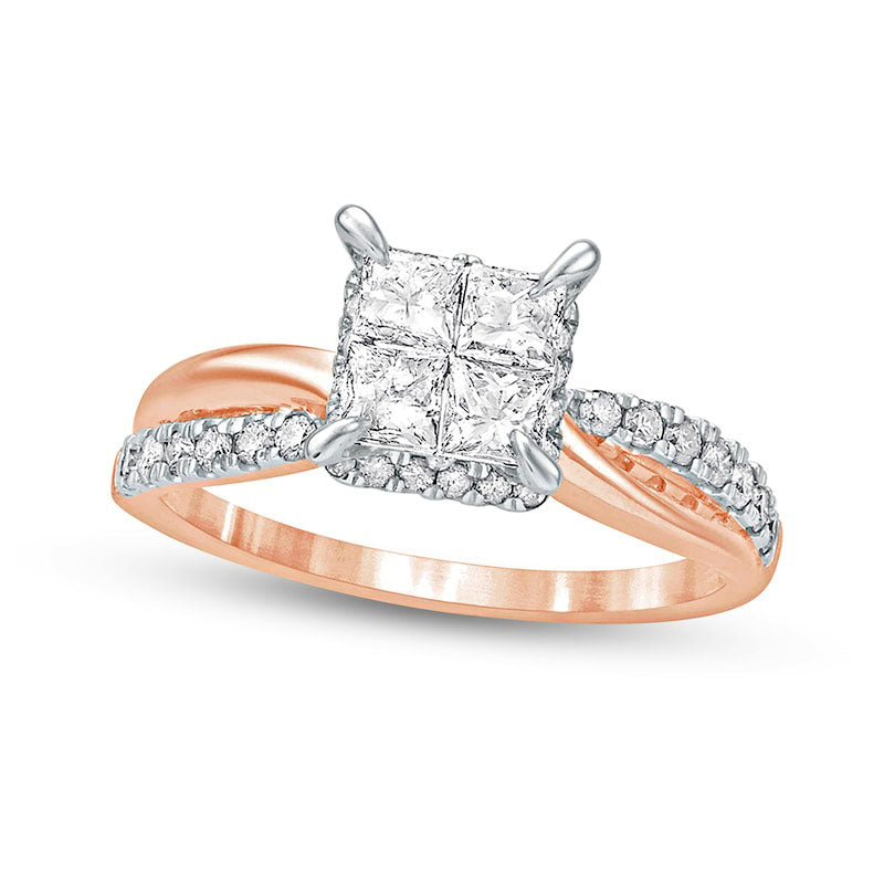 Image of ID 1 10 CT TW Quad Princess-Cut Natural Diamond Hidden Halo Twist Shank Engagement Ring in Solid 10K Rose Gold (I/I2)