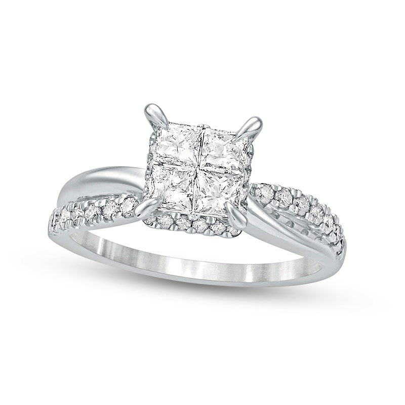 Image of ID 1 10 CT TW Quad Princess-Cut Natural Diamond Hidden Halo Twist Shank Engagement Ring in Solid 10K White Gold (I/I2)