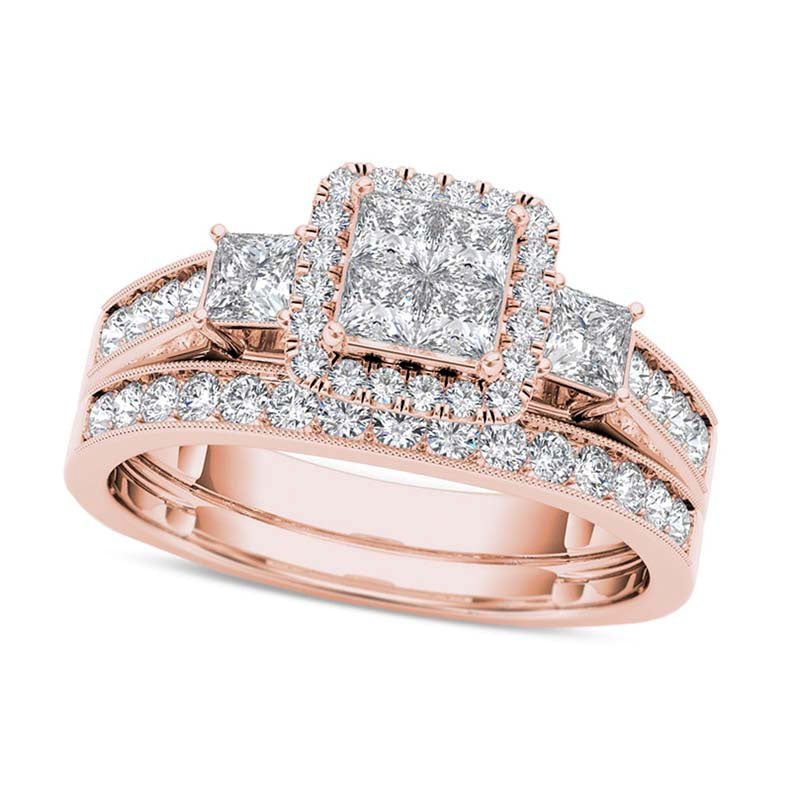 Image of ID 1 10 CT TW Quad Princess-Cut Natural Diamond Three Stone Frame Antique Vintage-Style Bridal Engagement Ring Set in Solid 14K Rose Gold