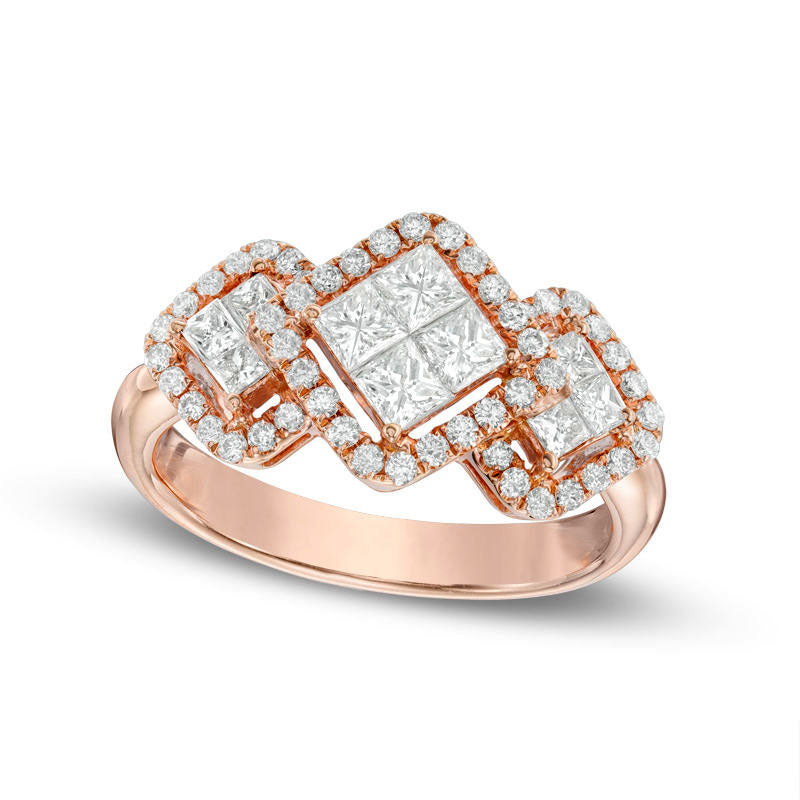 Image of ID 1 10 CT TW Quad Princess-Cut Natural Diamond Three Stone Tilted Frame Ring in Solid 14K Rose Gold