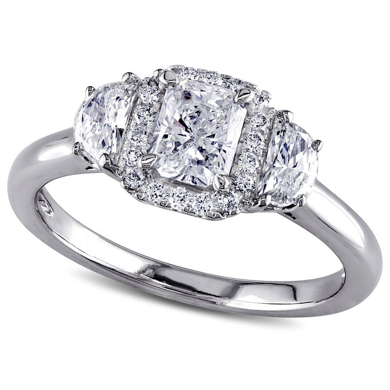 Image of ID 1 10 CT TW Radiant-Cut Natural Diamond Frame Three Stone Engagement Ring in Solid 14K White Gold
