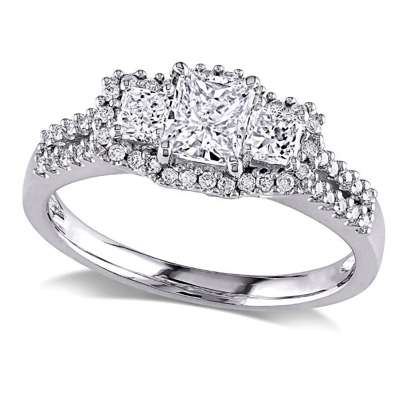 Image of ID 1 10 CT TW Radiant-Cut Natural Diamond Three Stone Frame Engagement Ring in Solid 14K White Gold