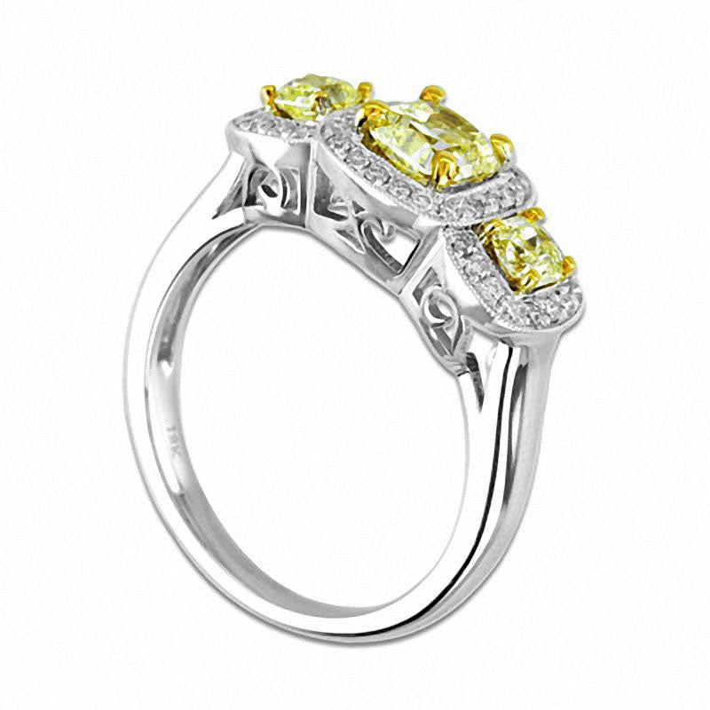 Image of ID 1 10 CT TW Radiant-Cut Yellow and White Natural Diamond Three Stone Ring in Solid 18K White Gold (SI2)