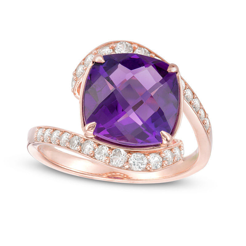 Image of ID 1 100mm Cushion-Cut Amethyst and 038 CT TW Natural Diamond Bypass Ring in Solid 10K Rose Gold