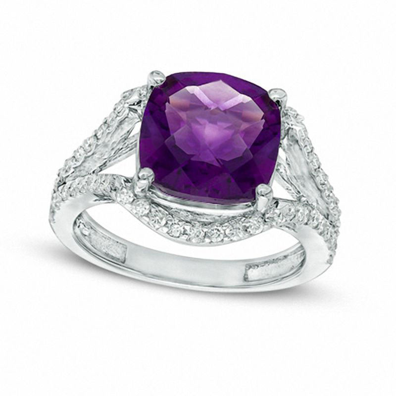 Image of ID 1 100mm Cushion-Cut Amethyst and 050 CT TW Natural Diamond Contoured Split Shank Ring in Solid 10K White Gold