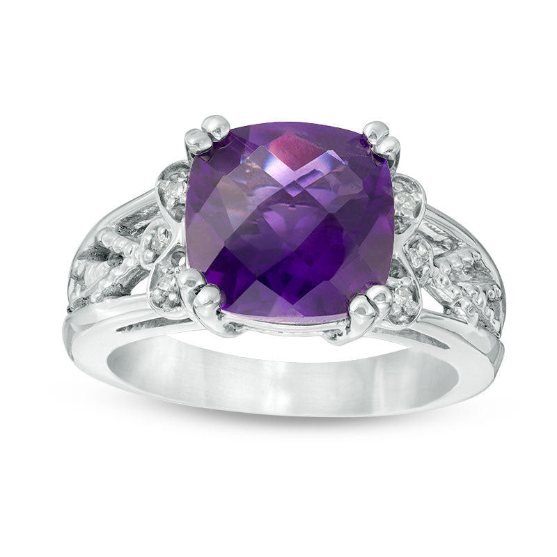 Image of ID 1 100mm Cushion-Cut Amethyst and Natural Diamond Accent Woven Split Shank Ring in Solid 10K White Gold