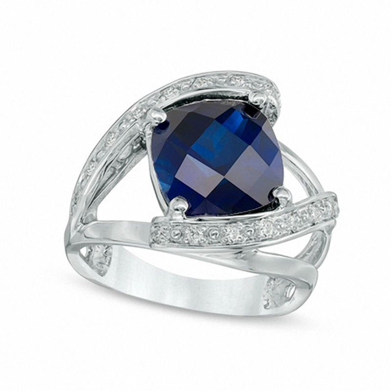 Image of ID 1 100mm Cushion-Cut Lab-Created Blue Sapphire and 017 CT TW Diamond Bypass Ring in Solid 10K White Gold