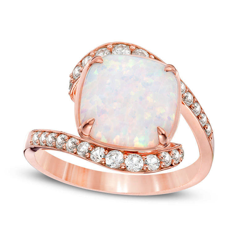 Image of ID 1 100mm Cushion-Cut Lab-Created Opal and 038 CT TW Diamond Bypass Ring in Solid 10K Rose Gold