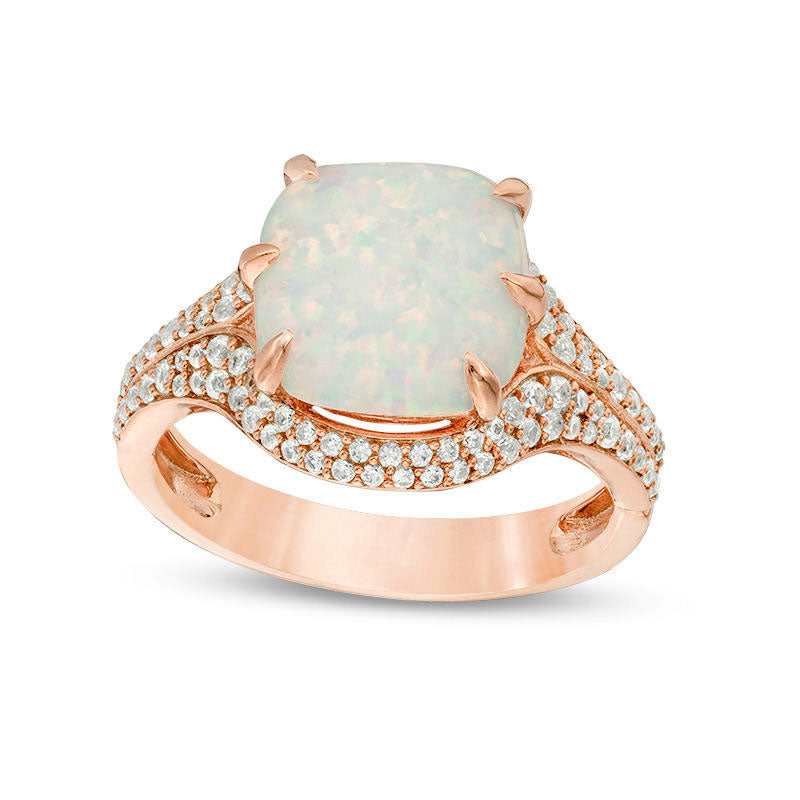 Image of ID 1 100mm Cushion-Cut Lab-Created Opal and 038 CT TW Diamond Ring in Solid 10K Rose Gold