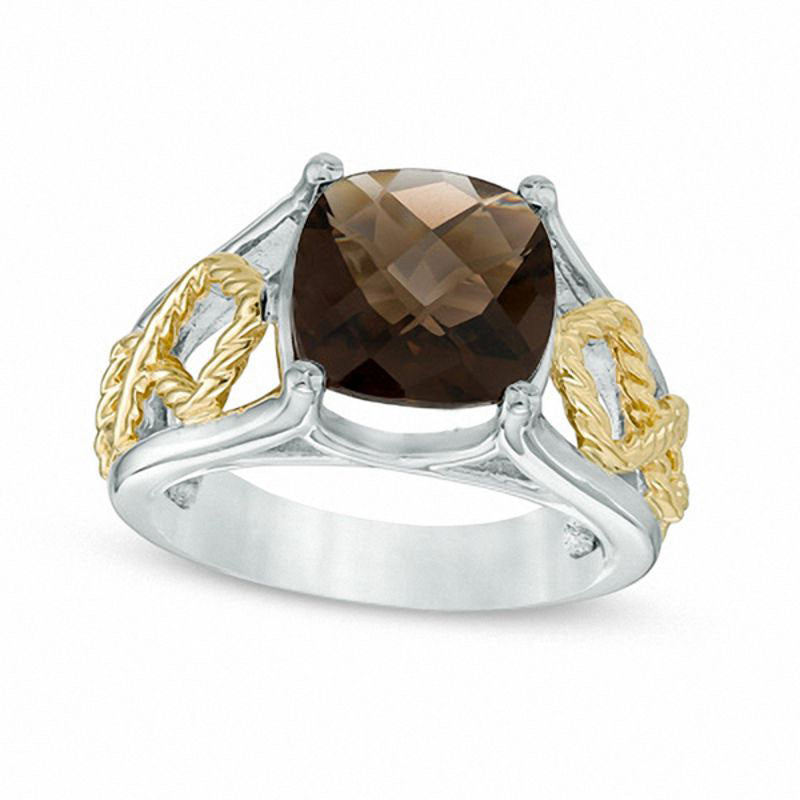Image of ID 1 100mm Cushion-Cut Smoky Quartz Rope Shank Ring in Solid 10K Two-Tone Gold