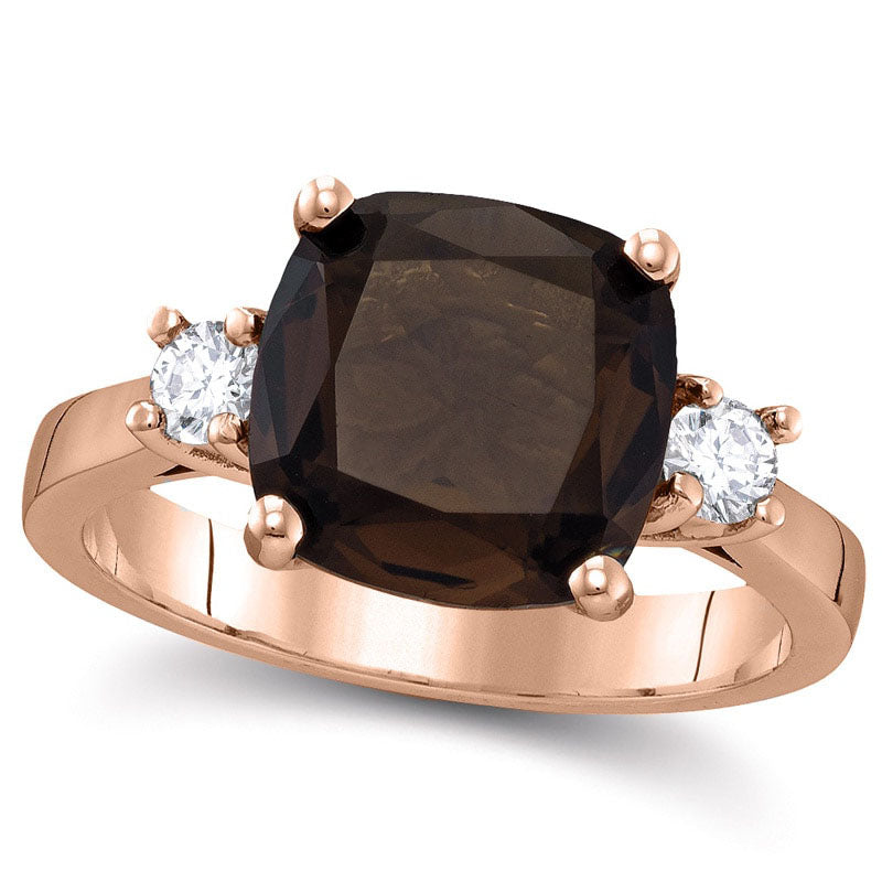 Image of ID 1 100mm Cushion-Cut Smoky Quartz and 020 CT TW Natural Diamond Three Stone Ring in Solid 10K Rose Gold