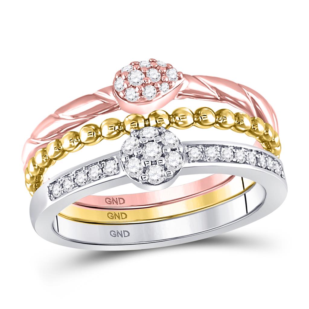 Image of ID 1 10k Tri-Tone Gold Round Diamond Trio Stackable Band Ring Set 1/3 Cttw