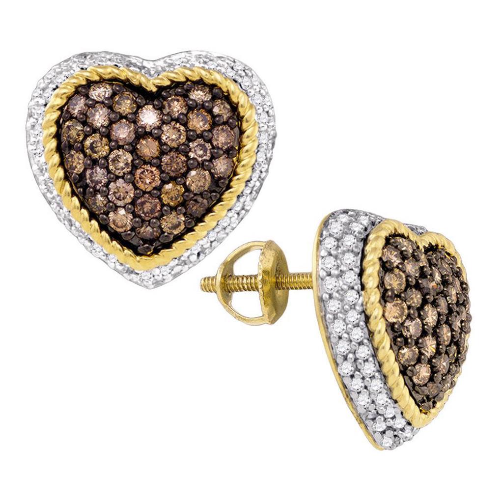 Image of ID 1 10k Yellow Gold Brown Diamond Heart Cluster Earrings 1-1/3 Cttw