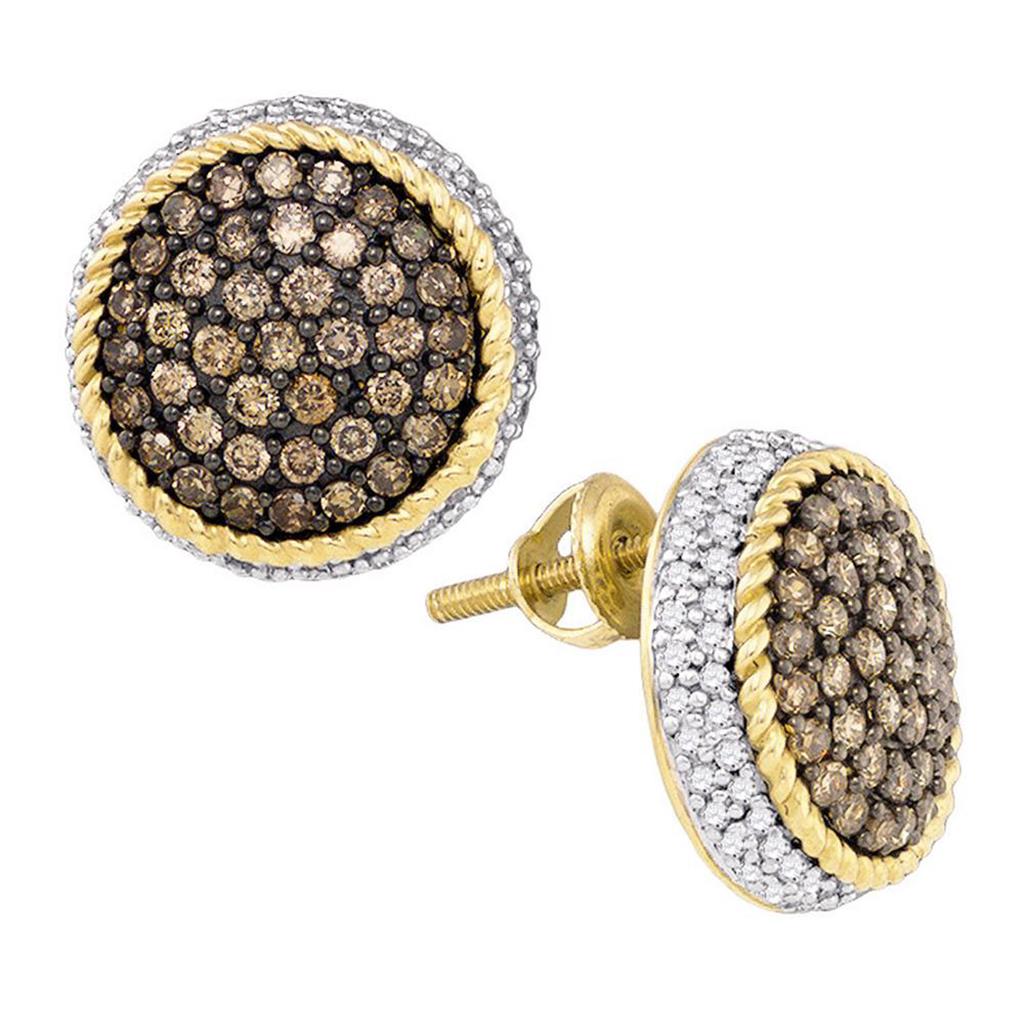 Image of ID 1 10k Yellow Gold Brown Diamond Roped Cluster Earrings 1-1/3 Cttw