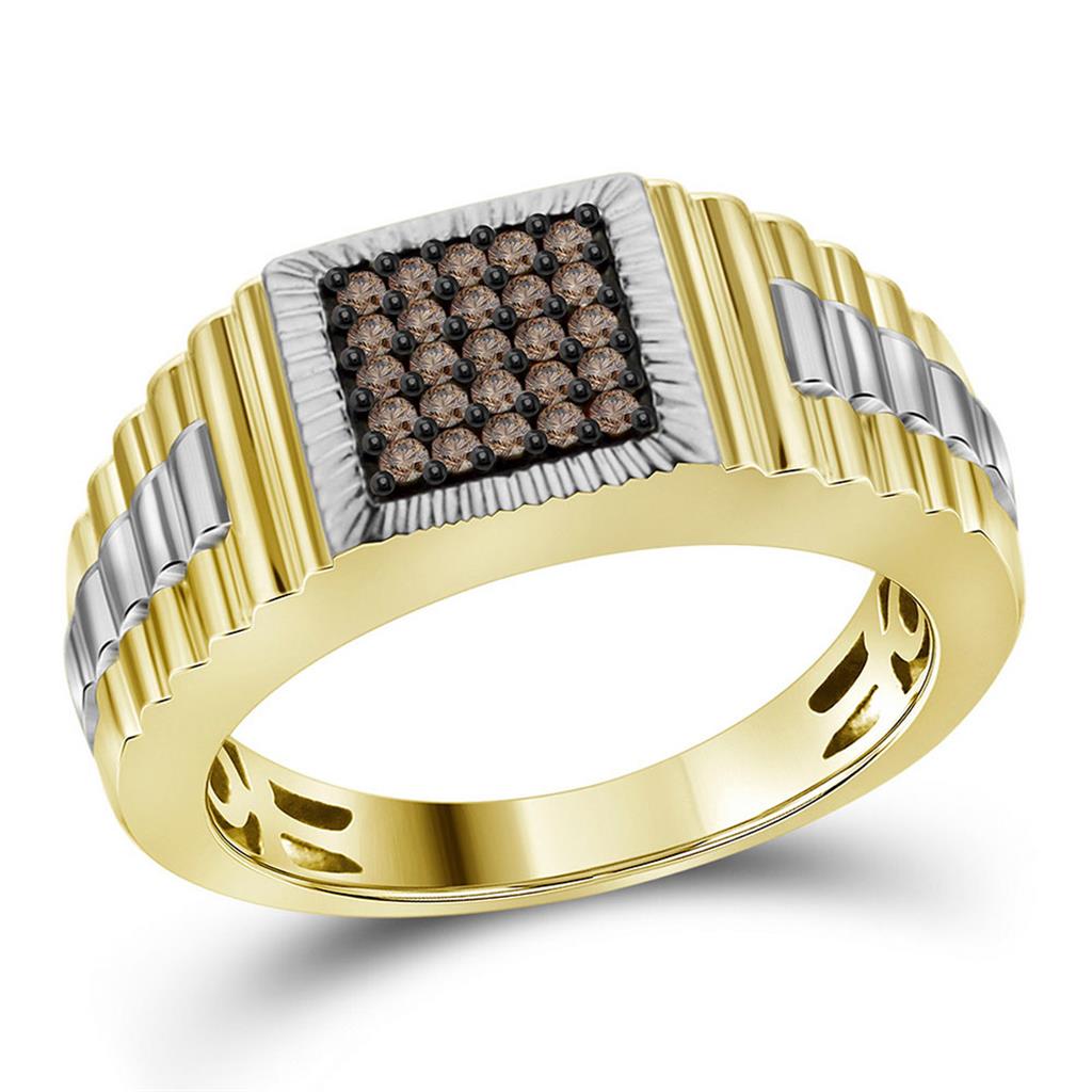 Image of ID 1 10k Yellow Gold Brown Diamond Square Cluster Ribbed Ring 1/4 Cttw