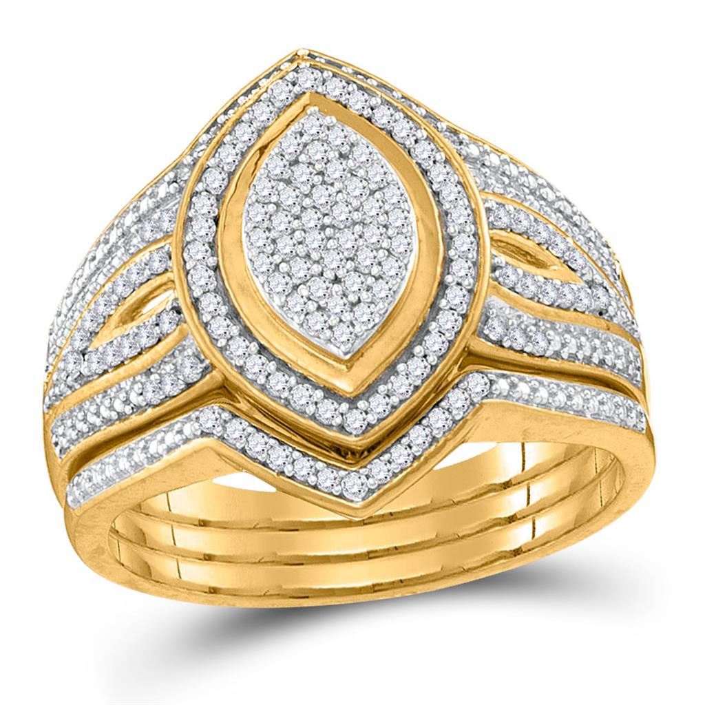 Image of ID 1 10k Yellow Gold Diamond Cluster 3-Piece Bridal Wedding Ring Set 1/3 Cttw
