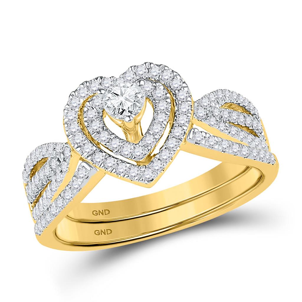 Image of ID 1 10k Yellow Gold Diamond Heart Bridal Wedding Ring Set 5/8 Cttw