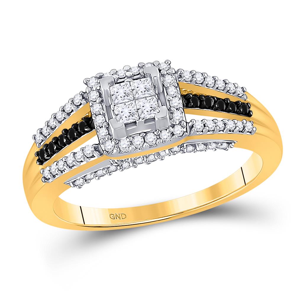 Image of ID 1 10k Yellow Gold Princess Black Diamond Cluster Ring 1/2 Cttw
