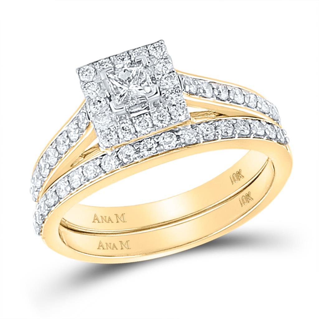 Image of ID 1 10k Yellow Gold Princess Diamond Bridal Wedding Ring Set 7/8 Cttw (Certified)