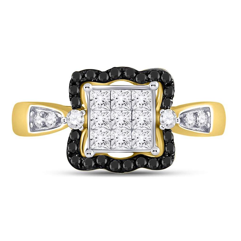 Image of ID 1 10k Yellow Gold Round Black Diamond Cluster Ring 3/4 Cttw