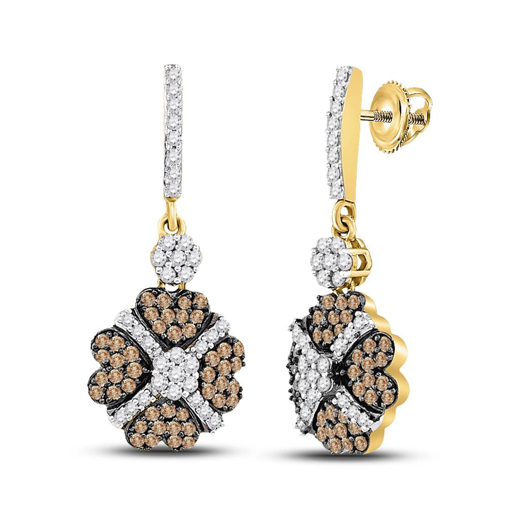 Image of ID 1 10k Yellow Gold Round Brown Diamond Cluster Dangle Earrings 1 Cttw