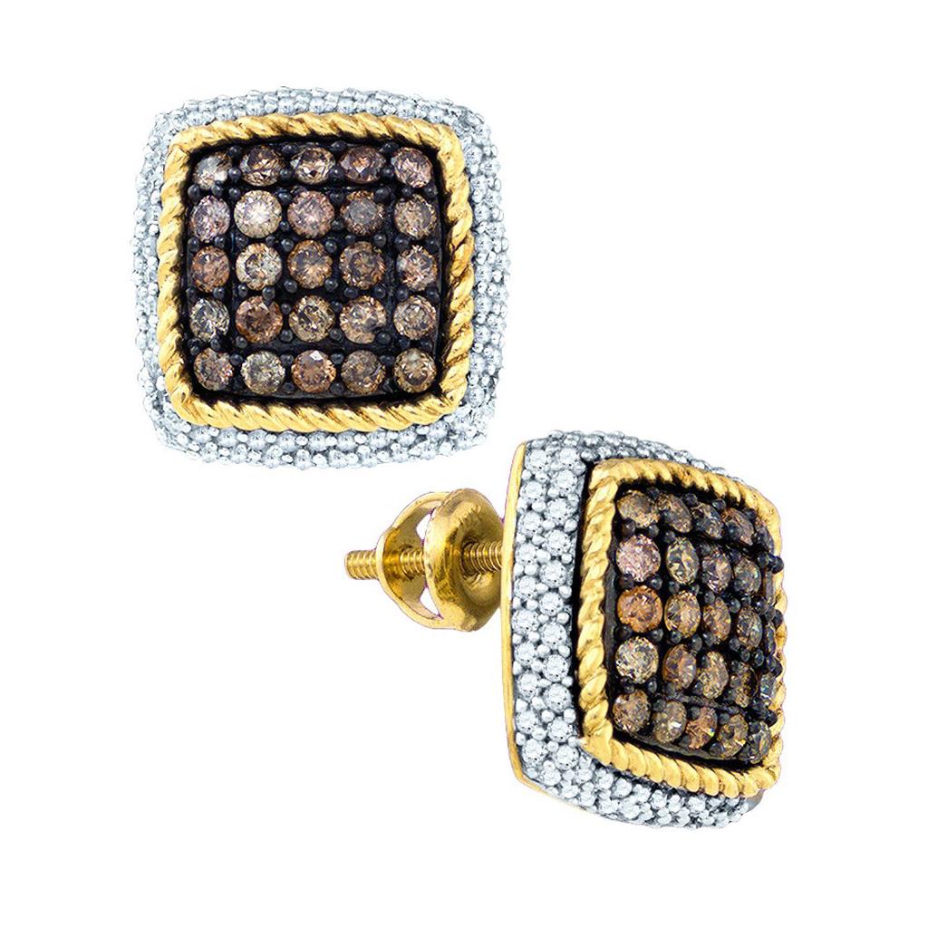 Image of ID 1 10k Yellow Gold Round Brown Diamond Rope Square Earrings 1-1/3 Cttw