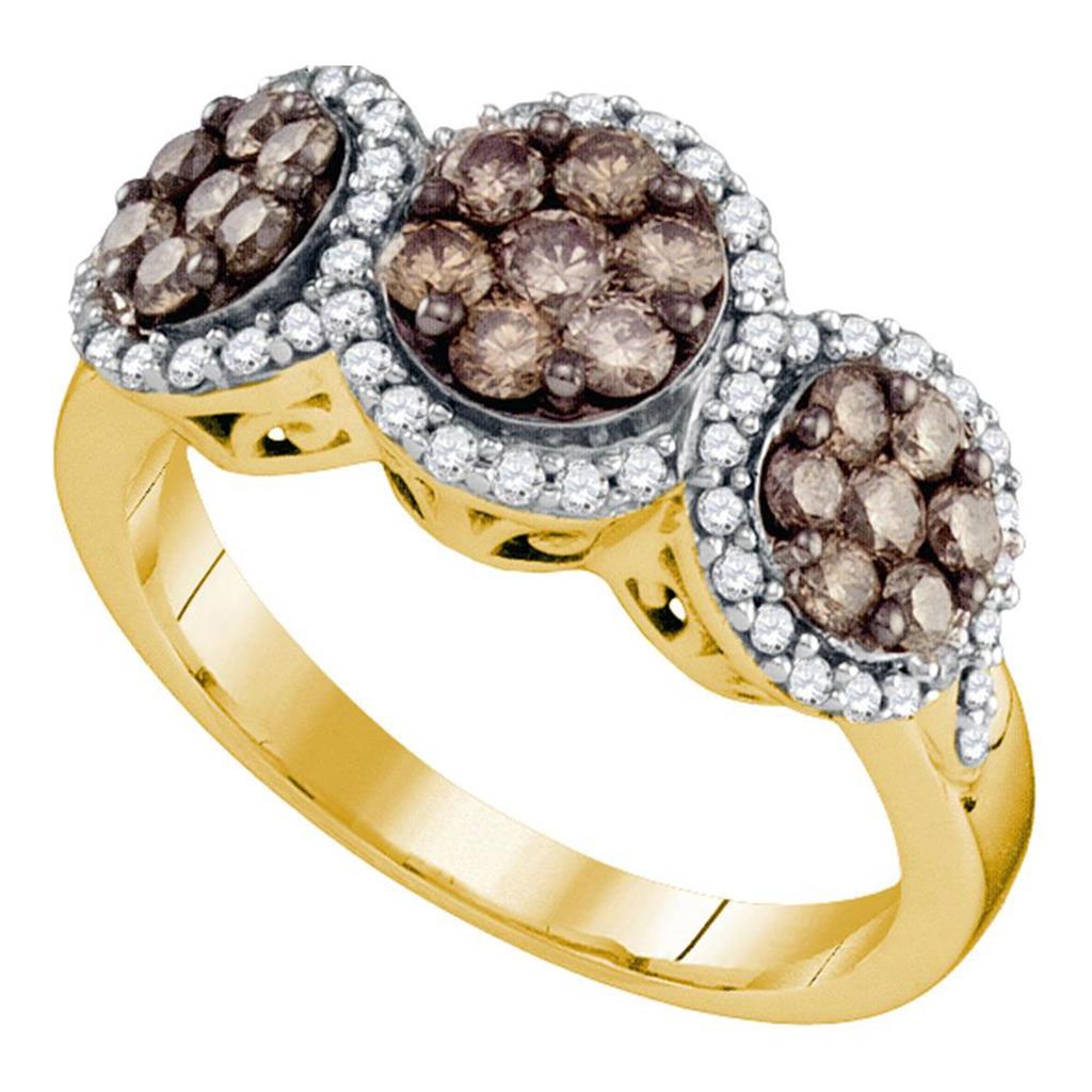 Image of ID 1 10k Yellow Gold Round Brown Diamond Triple Flower Cluster Ring 1 Cttw