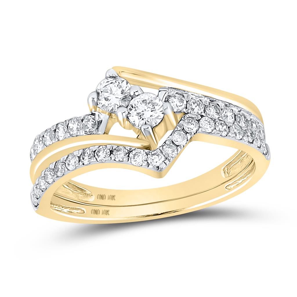 Image of ID 1 10k Yellow Gold Round Diamond 2-Stone Bridal Wedding Ring Set 3/4 Cttw (Certified)