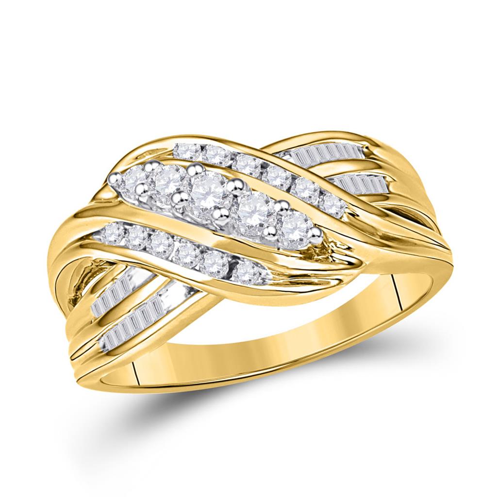 Image of ID 1 10k Yellow Gold Round Diamond 5-Stone Crossover Band Ring 1/2 Cttw