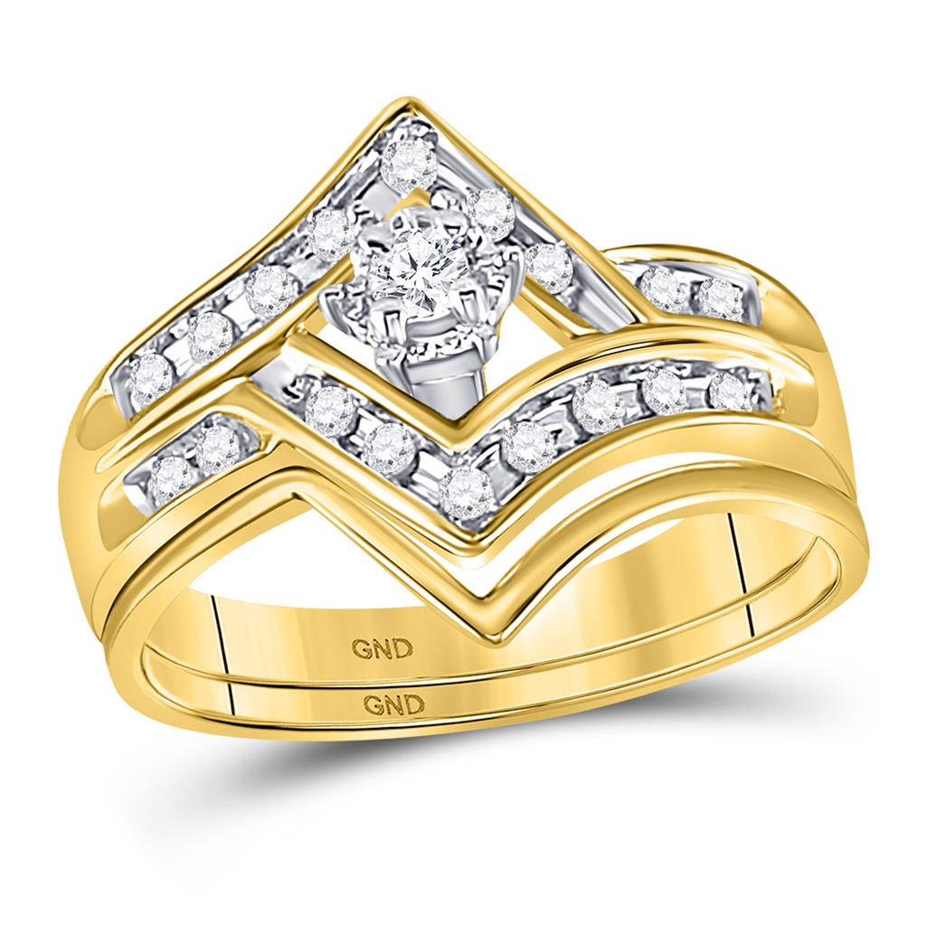Image of ID 1 10k Yellow Gold Round Diamond Chevron Bridal Wedding Ring Set 1/4 Cttw