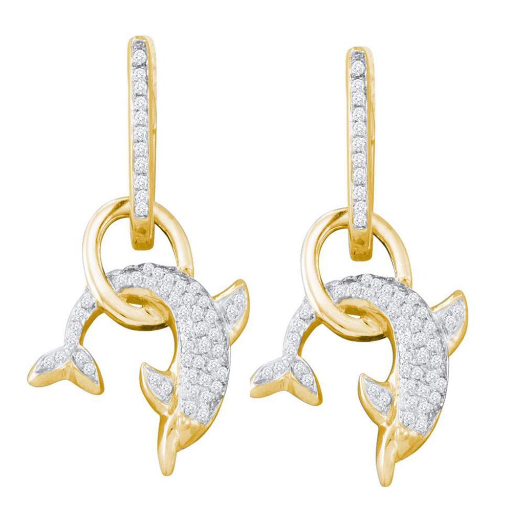 Image of ID 1 10k Yellow Gold Round Diamond Dolphin Dangle Earrings 1/3 Cttw