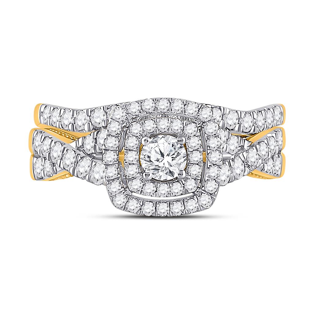 Image of ID 1 10k Yellow Gold Round Diamond Halo Bridal Wedding Ring Set 1 Cttw (Certified)