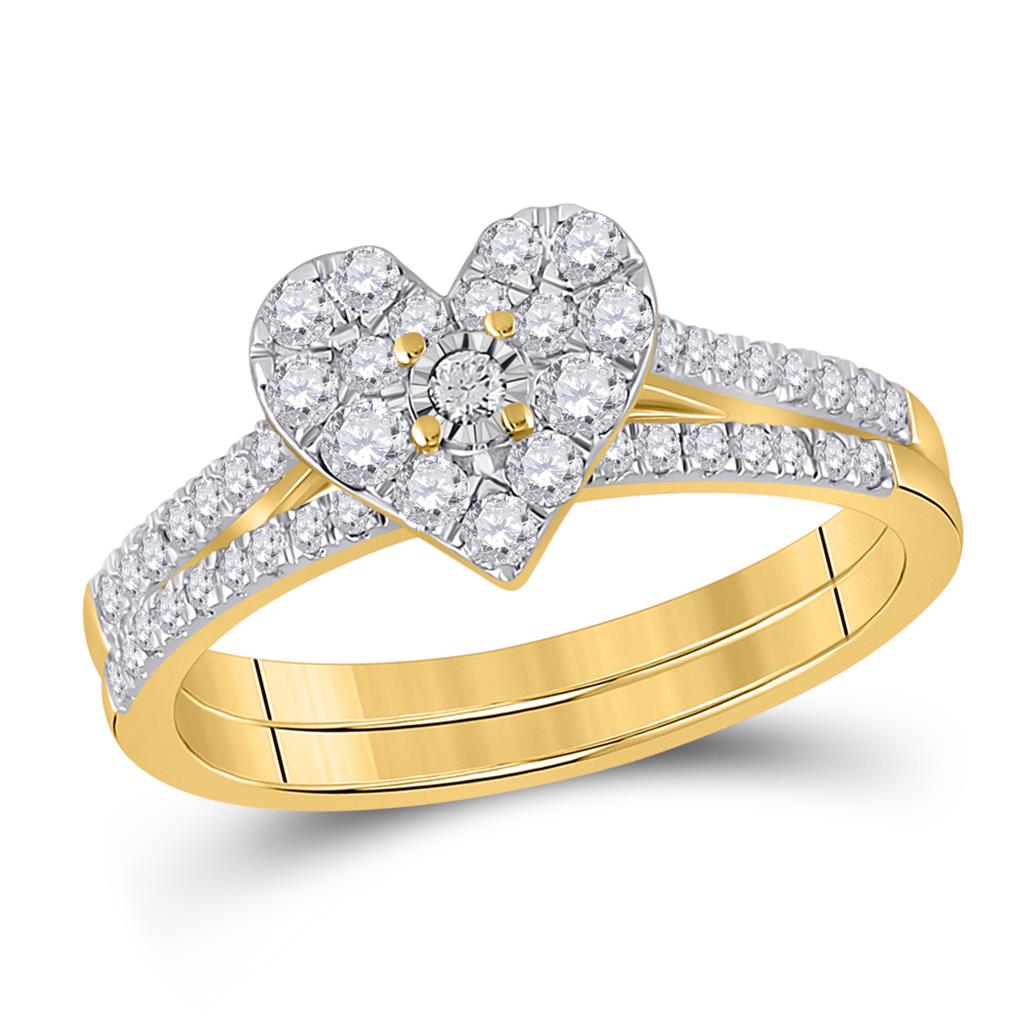 Image of ID 1 10k Yellow Gold Round Diamond Heart Bridal Wedding Ring Set 1/2 Cttw