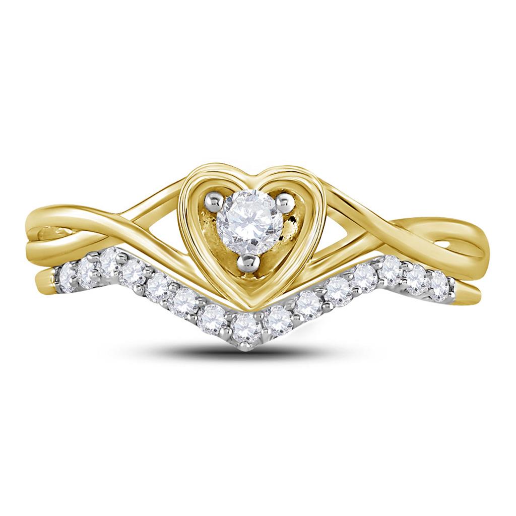 Image of ID 1 10k Yellow Gold Round Diamond Heart Bridal Wedding Ring Set 1/4 Cttw