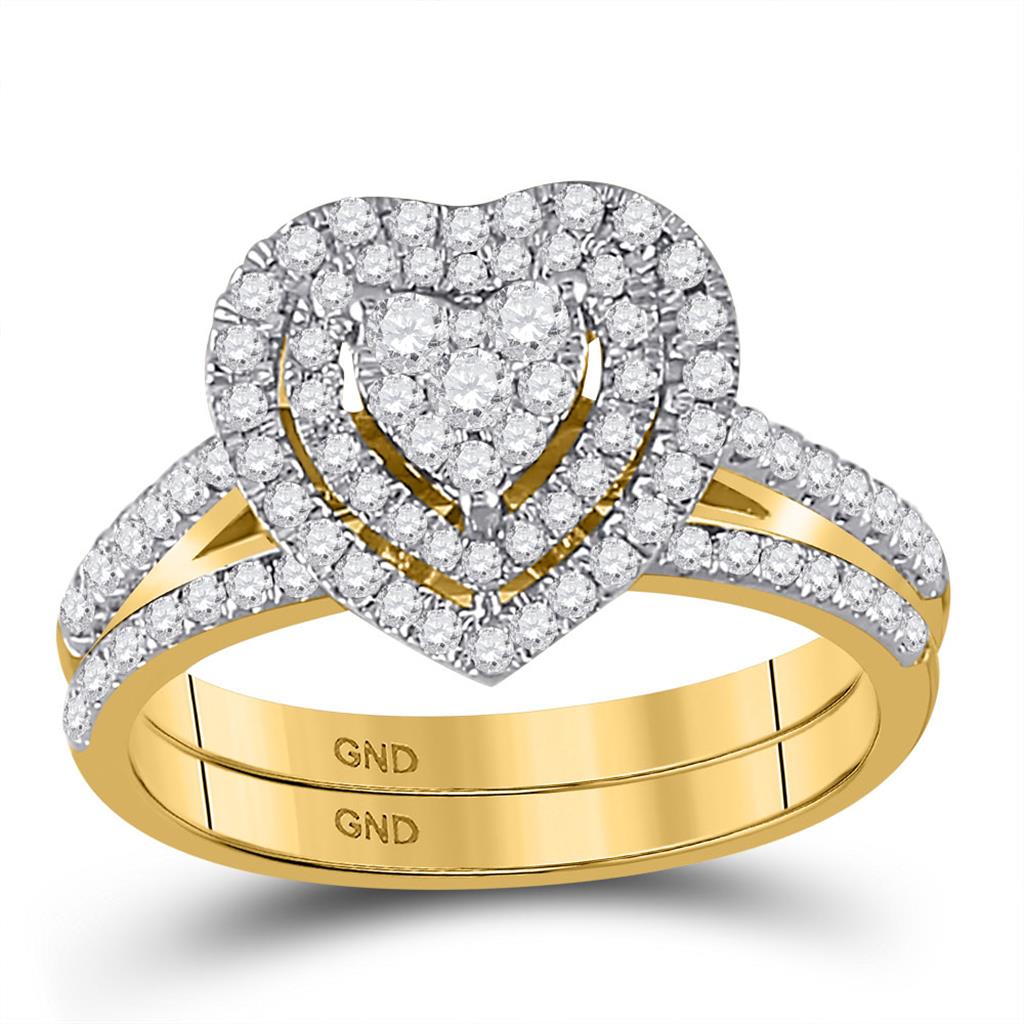 Image of ID 1 10k Yellow Gold Round Diamond Heart Bridal Wedding Ring Set 5/8 Cttw