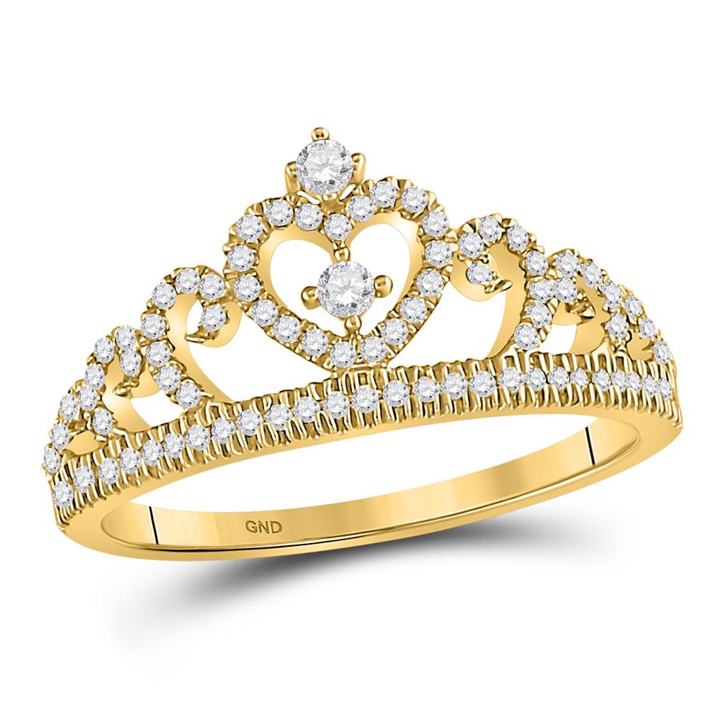Image of ID 1 10k Yellow Gold Round Diamond Heart Crown Fashion Ring 1/4 Cttw