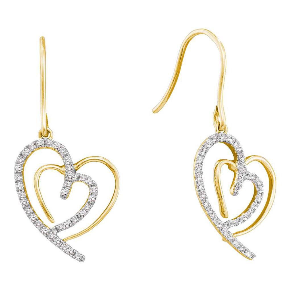 Image of ID 1 10k Yellow Gold Round Diamond Heart Dangle Wire Earrings 3/8 Cttw
