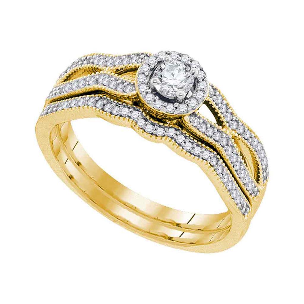 Image of ID 1 10k Yellow Gold Round Diamond Milgrain Bridal Wedding Ring Set 3/8 Cttw