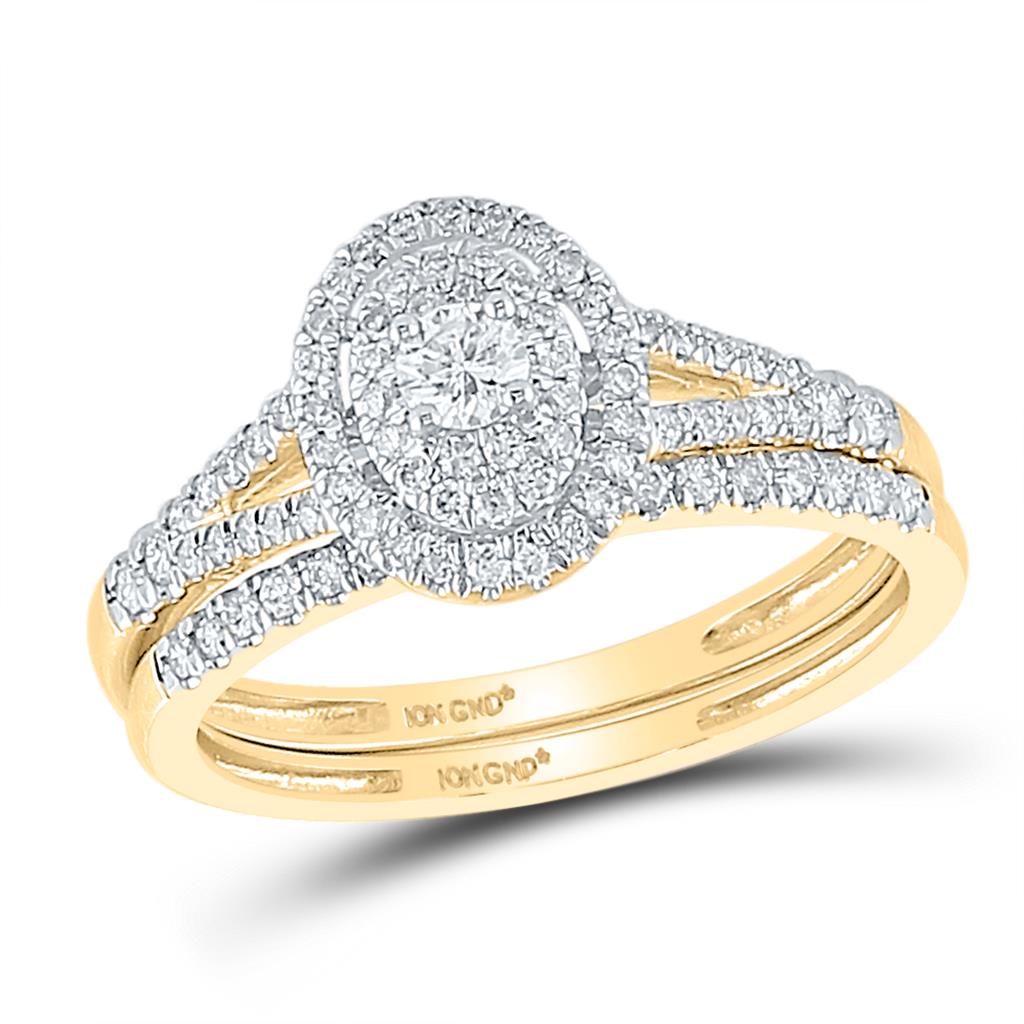 Image of ID 1 10k Yellow Gold Round Diamond Oval Bridal Wedding Ring Set 1/2 Cttw